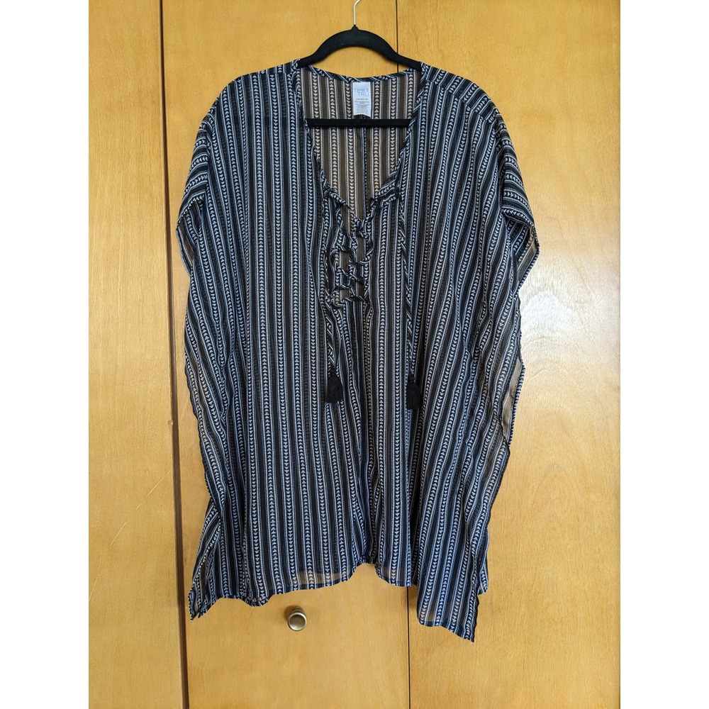 Time and Tru Women Black White Striped Lace Up Tassel Swim Cover Up Kaftan L/G